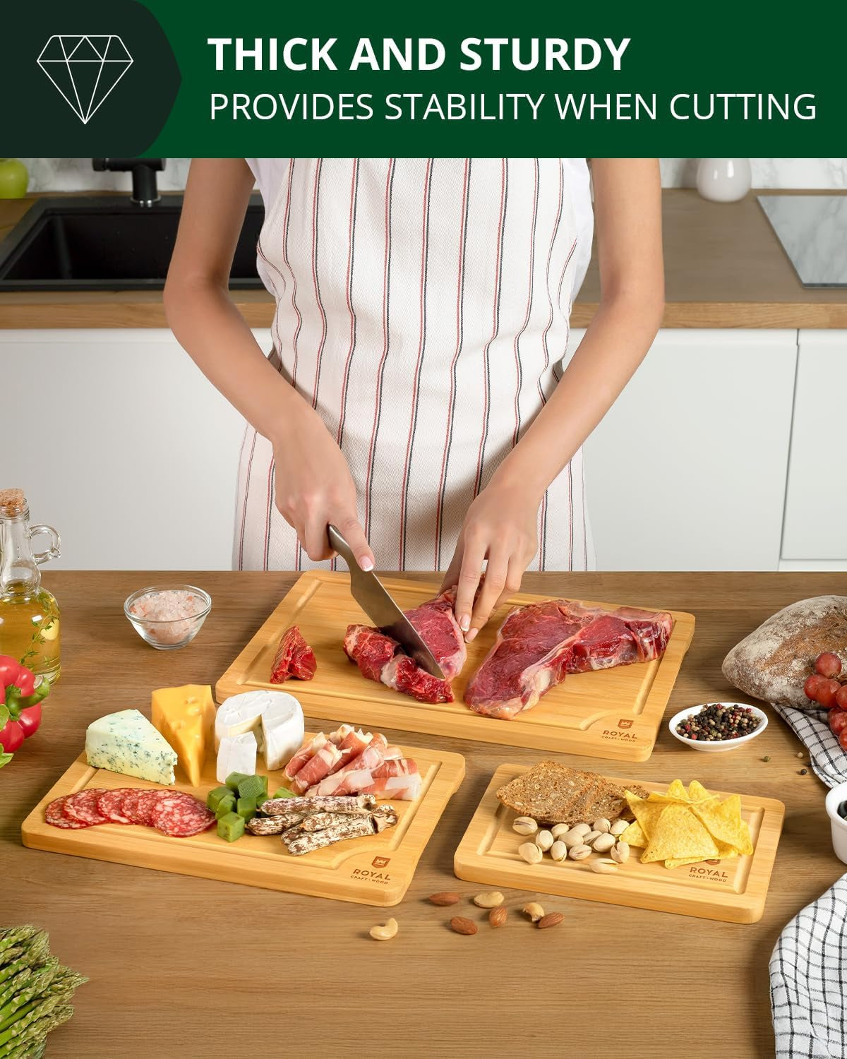 Bamboo Cutting Board Set with Juice Groove (3 Pieces) - Wood Cutting Boards for Kitchen, Wood Cutting Board Set, Kitchen Chopping Board for Meat (Butcher Block) Cheese and Vegetables