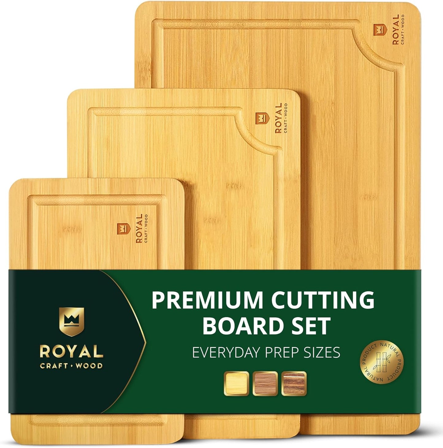 Bamboo Cutting Board Set with Juice Groove (3 Pieces) - Wood Cutting Boards for Kitchen, Wood Cutting Board Set, Kitchen Chopping Board for Meat (Butcher Block) Cheese and Vegetables